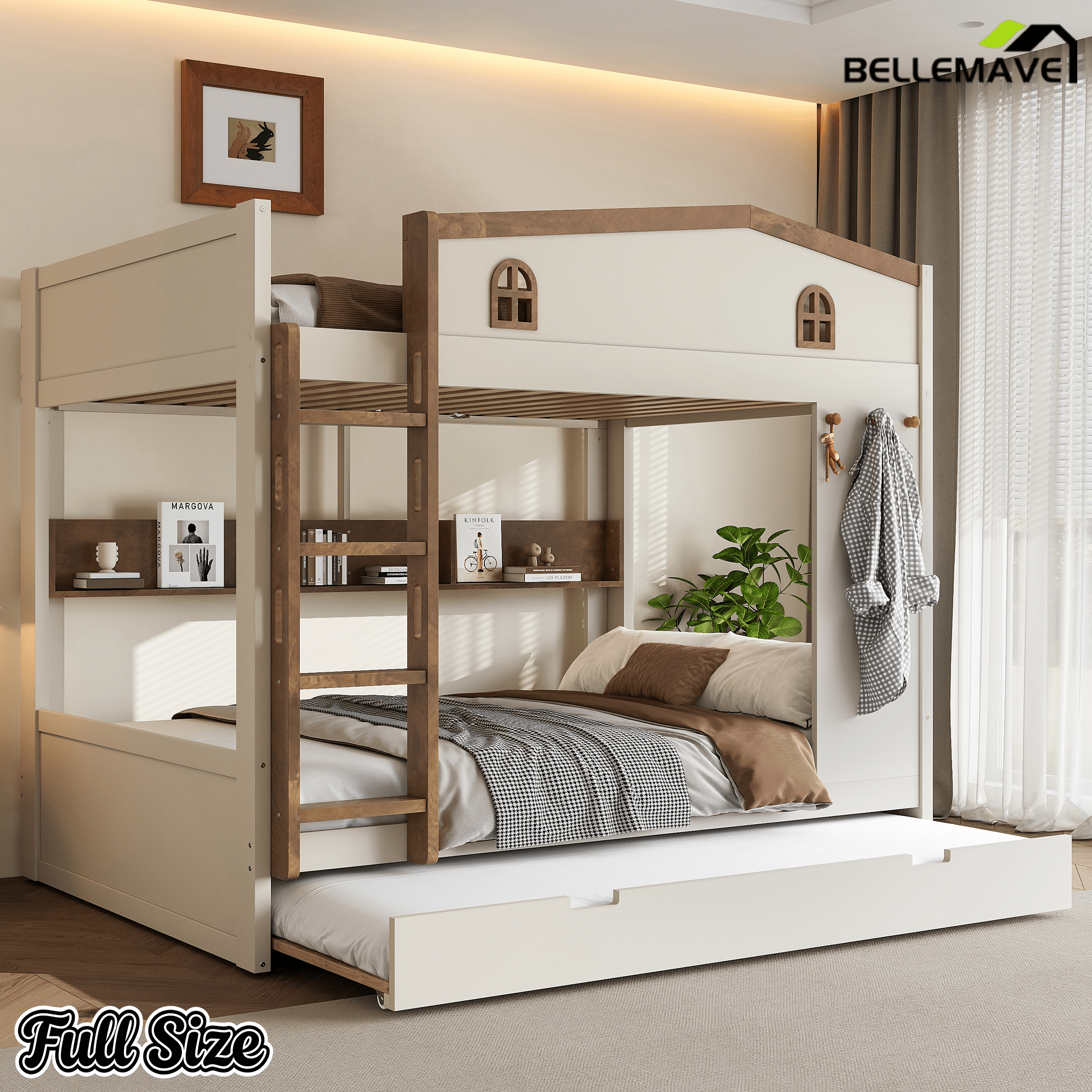 Bellemave® Queen Over Queen Bunk Bed with Trundle & Hooks, Wooden Floor Bunk Beds Frame with Storage Shelves & Ladder for Kids Teens, Black+Red - Bellemave