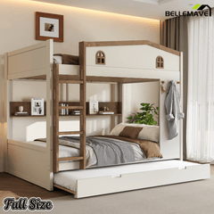 Bellemave® Queen Over Queen Bunk Bed with Trundle & Hooks, Wooden Floor Bunk Beds Frame with Storage Shelves & Ladder for Kids Teens, Black+Red - Bellemave