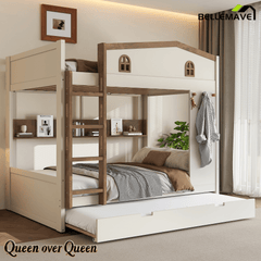 Bellemave® Queen Over Queen Bunk Bed with Trundle & Hooks, Wooden Floor Bunk Beds Frame with Storage Shelves & Ladder for Kids Teens, Black+Red - Bellemave