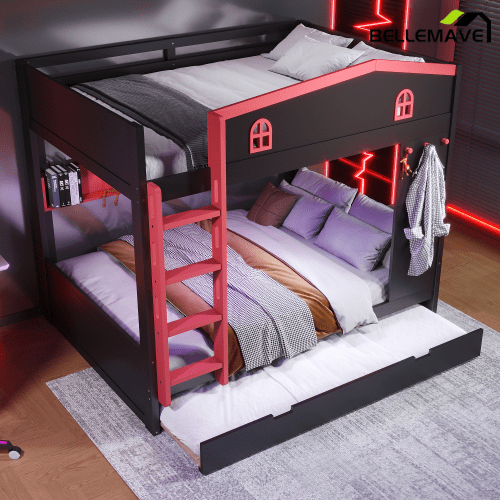 Bellemave® Queen Over Queen Bunk Bed with Trundle & Hooks, Wooden Floor Bunk Beds Frame with Storage Shelves & Ladder for Kids Teens, Black+Red - Bellemave