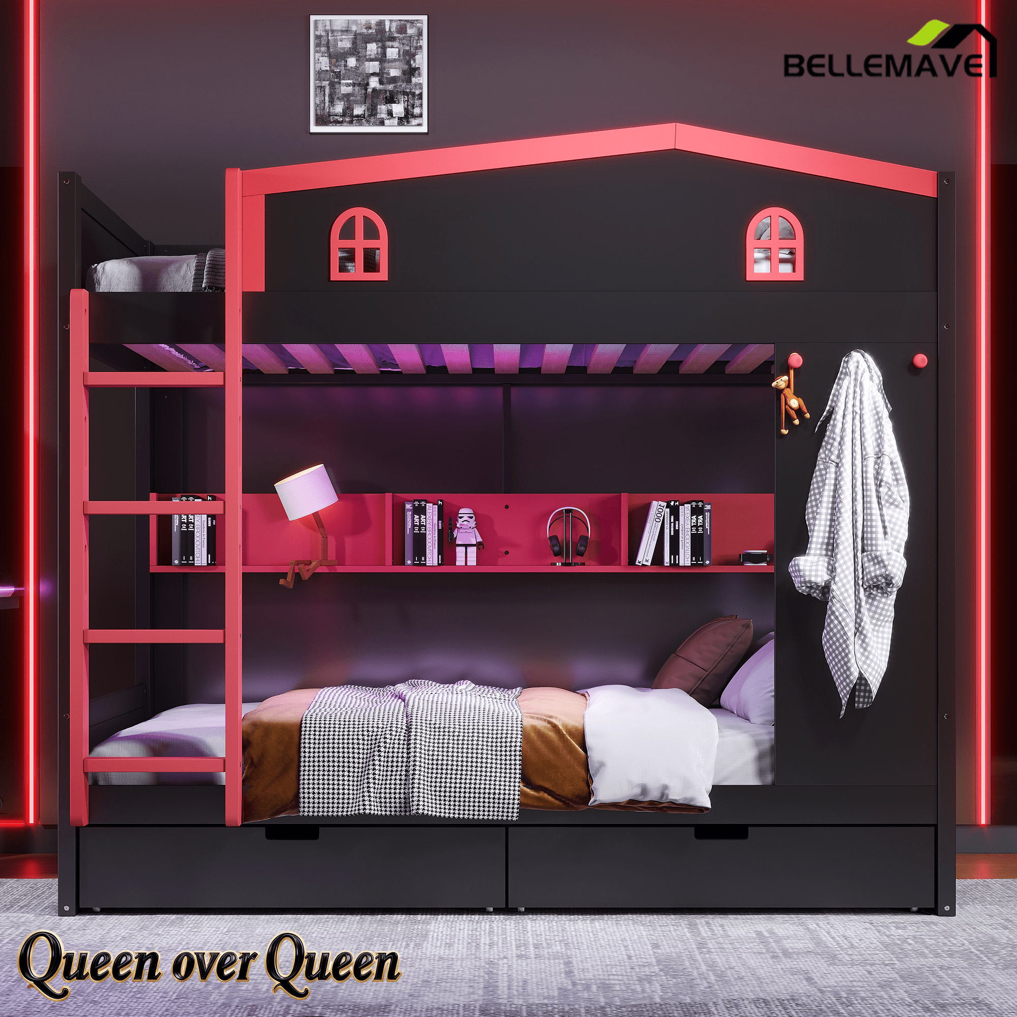 Bellemave® Queen Over Queen Bunk Bed with Trundle & Hooks, Wooden Floor Bunk Beds Frame with Storage Shelves & Ladder for Kids Teens, Black+Red - Bellemave