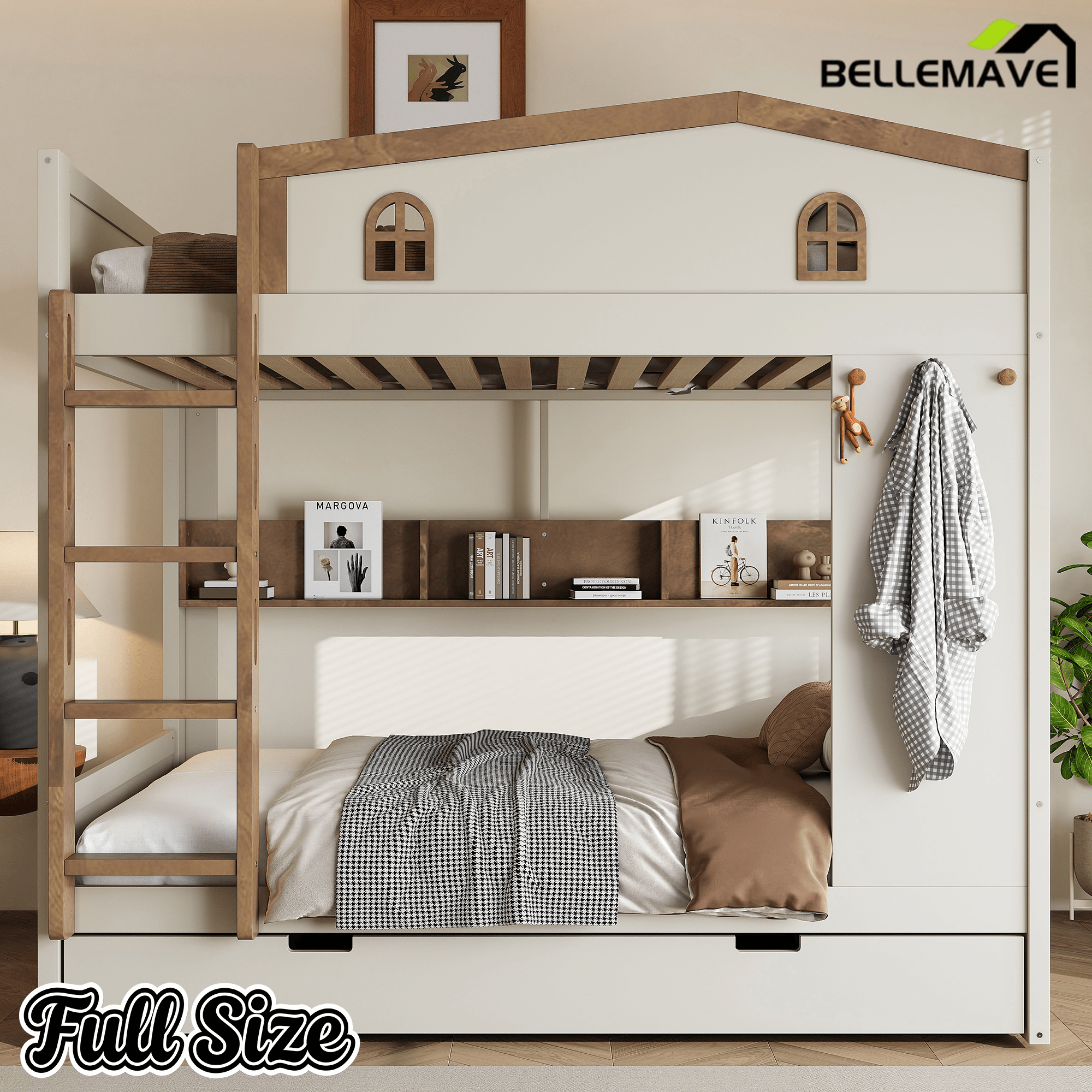 Bellemave® Queen Over Queen Bunk Bed with Trundle & Hooks, Wooden Floor Bunk Beds Frame with Storage Shelves & Ladder for Kids Teens, Black+Red - Bellemave