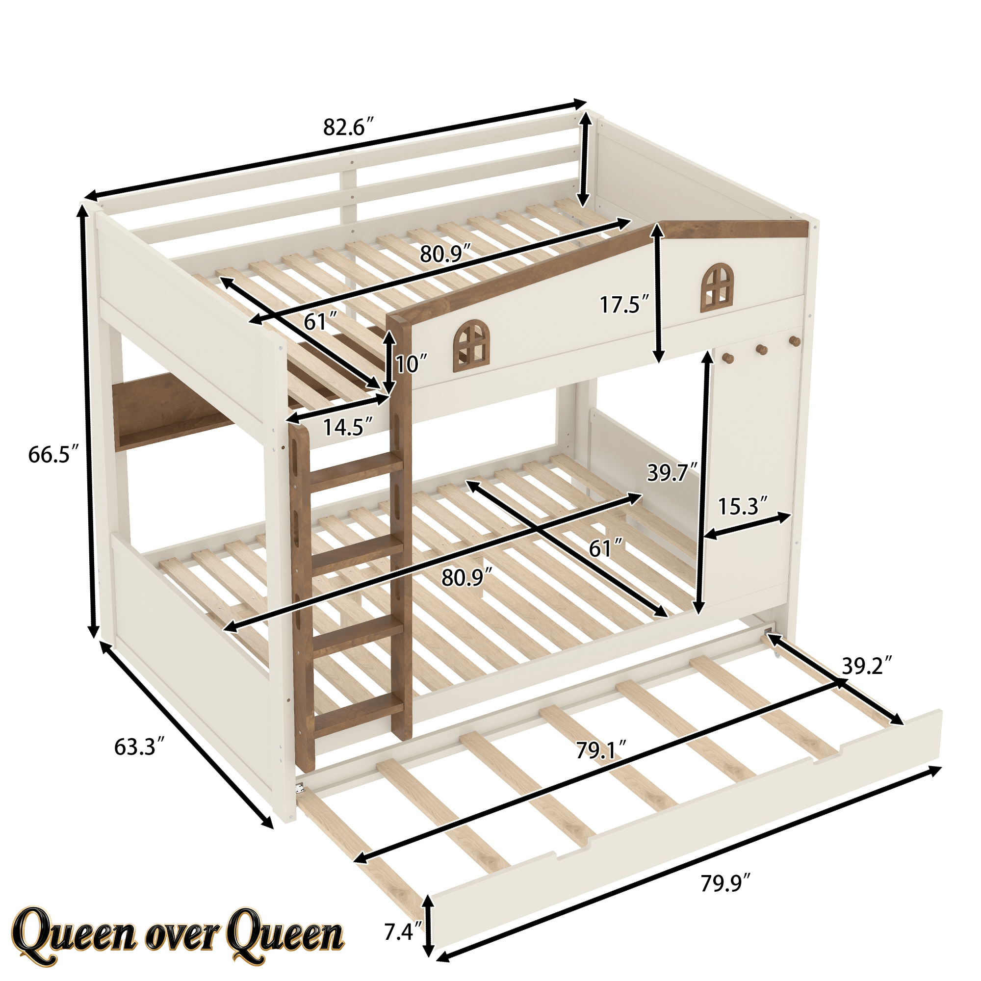 Bellemave® Queen Over Queen Bunk Bed with Trundle & Hooks, Wooden Floor Bunk Beds Frame with Storage Shelves & Ladder for Kids Teens, Black+Red - Bellemave