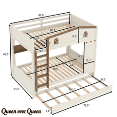 Bellemave® Queen Over Queen Bunk Bed with Trundle & Hooks, Wooden Floor Bunk Beds Frame with Storage Shelves & Ladder for Kids Teens, Black+Red - Bellemave