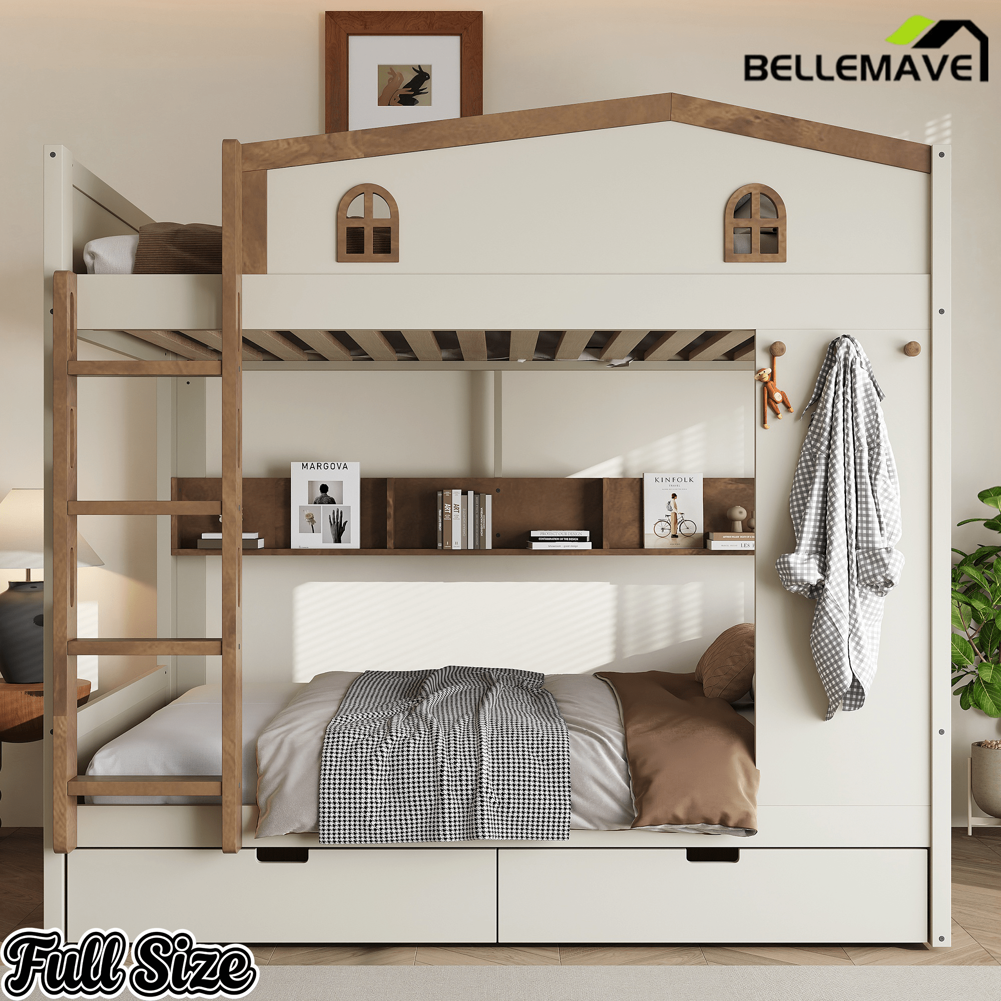 Bellemave® Queen Over Queen Bunk Bed with Trundle & Hooks, Wooden Floor Bunk Beds Frame with Storage Shelves & Ladder for Kids Teens, Black+Red - Bellemave