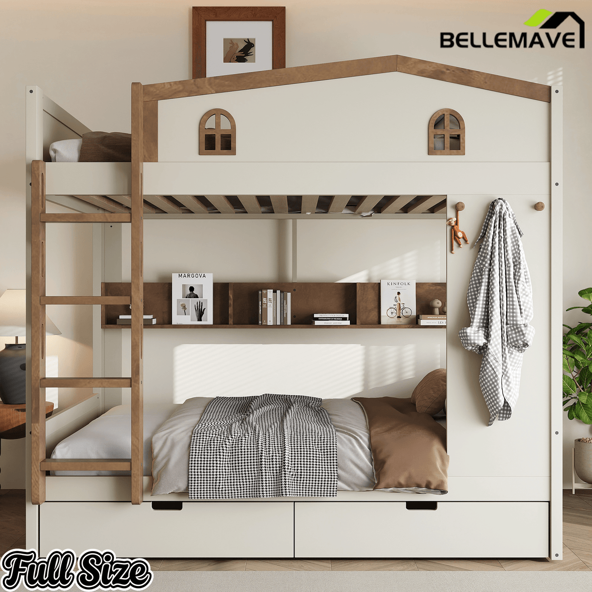 Bellemave® Queen Over Queen Bunk Bed with Trundle & Hooks, Wooden Floor Bunk Beds Frame with Storage Shelves & Ladder for Kids Teens, Black+Red - Bellemave