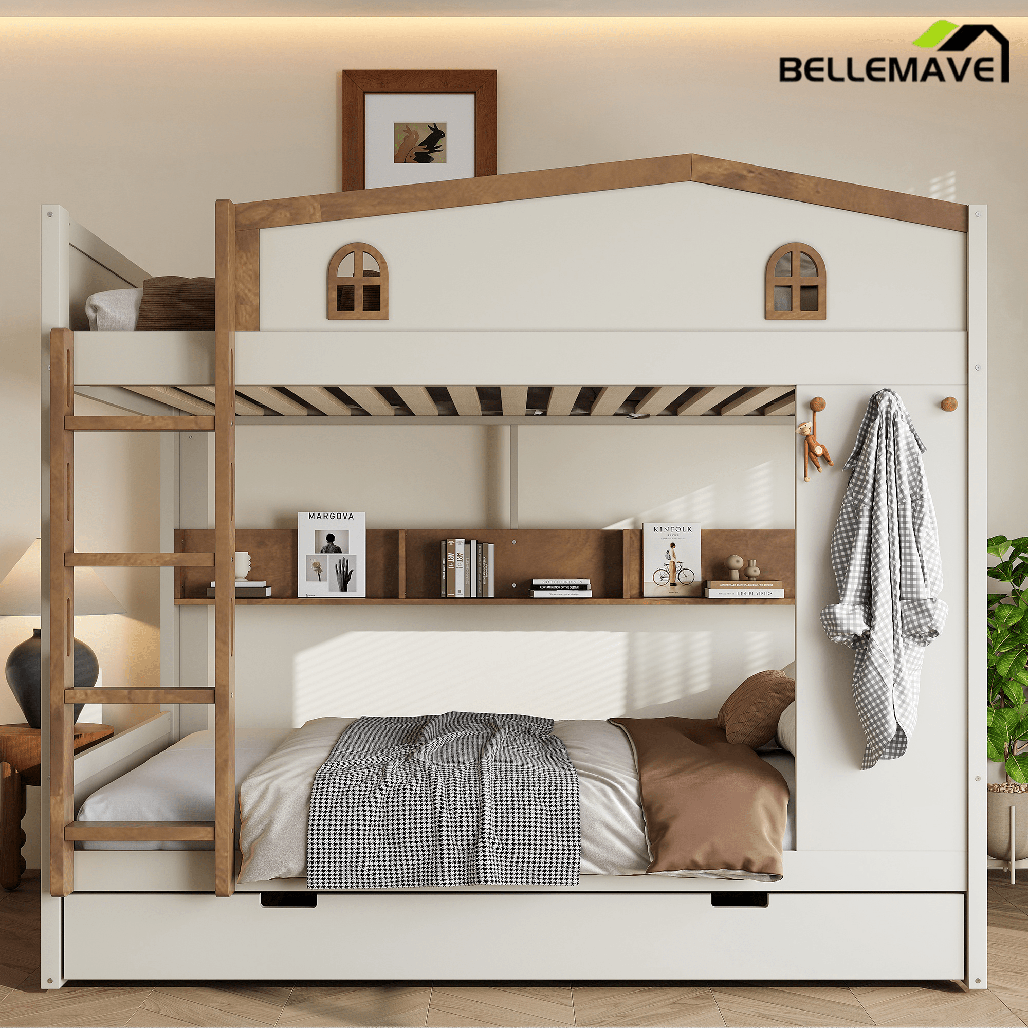 Bellemave® Queen Over Queen Bunk Bed with Trundle & Hooks, Wooden Floor Bunk Beds Frame with Storage Shelves & Ladder for Kids Teens, Black+Red - Bellemave