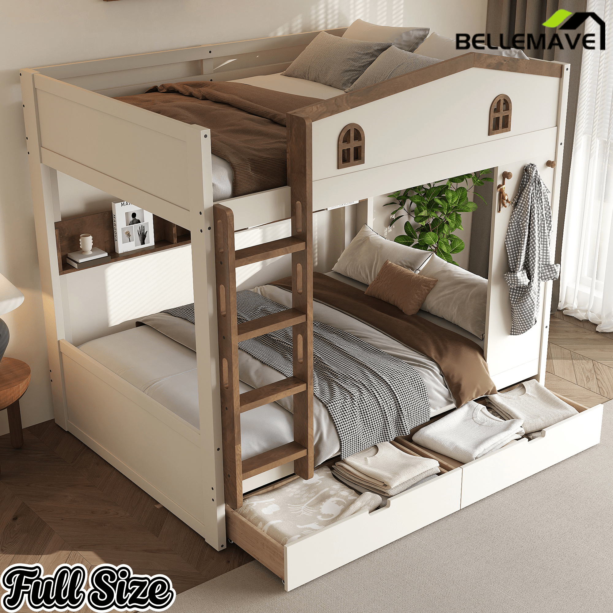 Bellemave® Queen Over Queen Bunk Bed with Trundle & Hooks, Wooden Floor Bunk Beds Frame with Storage Shelves & Ladder for Kids Teens, Black+Red - Bellemave