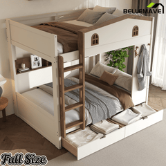 Bellemave® Queen Over Queen Bunk Bed with Trundle & Hooks, Wooden Floor Bunk Beds Frame with Storage Shelves & Ladder for Kids Teens, Black+Red - Bellemave