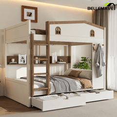 Bellemave® Queen Over Queen Bunk Bed with Trundle & Hooks, Wooden Floor Bunk Beds Frame with Storage Shelves & Ladder for Kids Teens, Black+Red - Bellemave