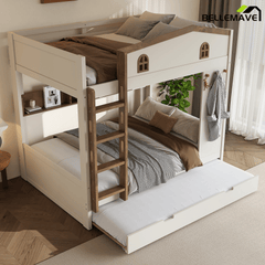 Bellemave® Queen Over Queen Bunk Bed with Trundle & Hooks, Wooden Floor Bunk Beds Frame with Storage Shelves & Ladder for Kids Teens, Black+Red - Bellemave