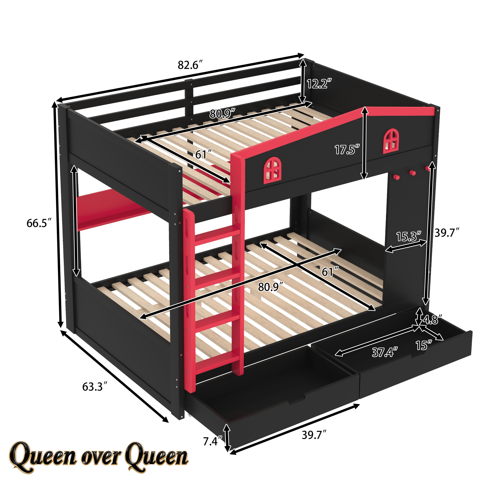 Bellemave® Queen Over Queen Bunk Bed with Trundle & Hooks, Wooden Floor Bunk Beds Frame with Storage Shelves & Ladder for Kids Teens, Black+Red - Bellemave