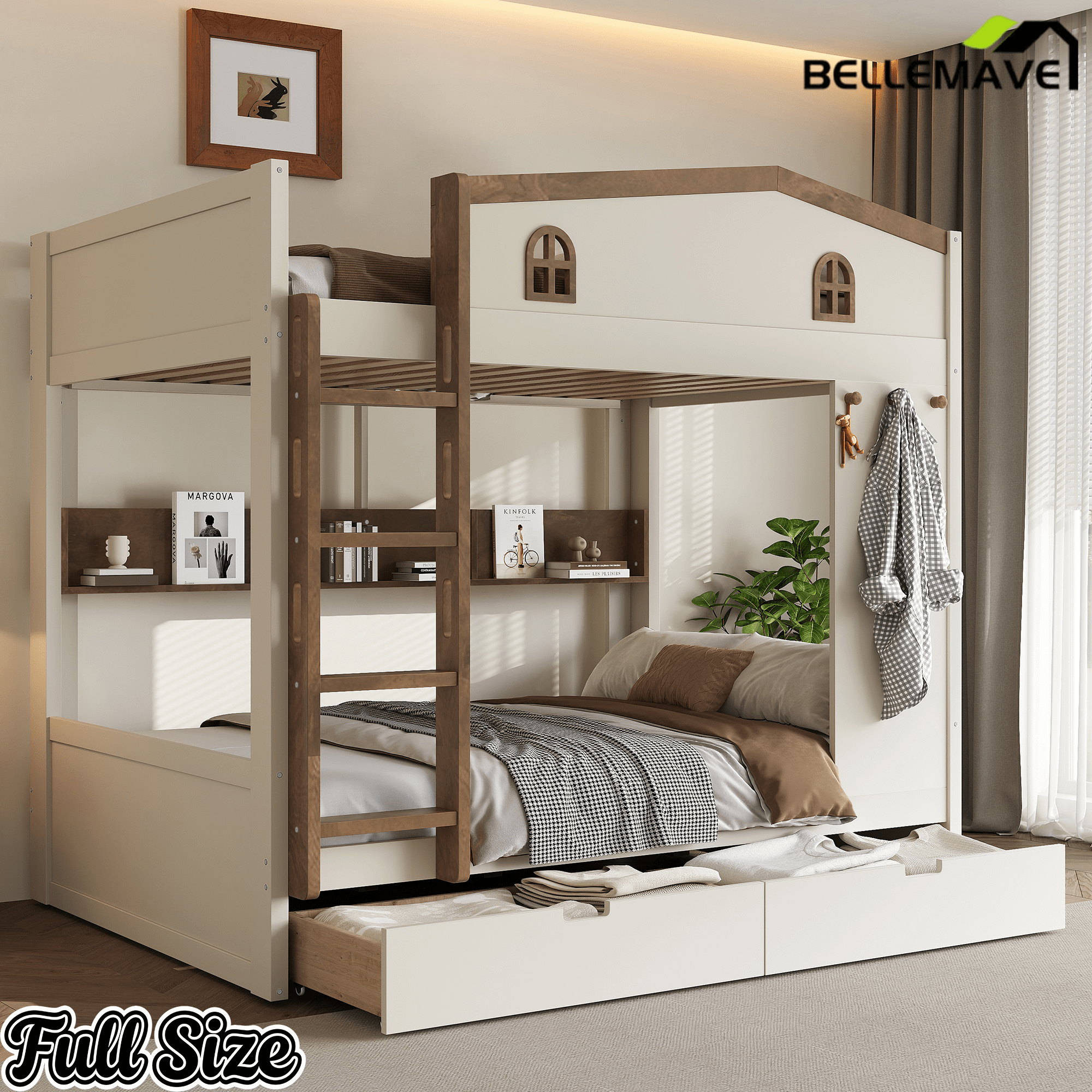 Bellemave® Queen Over Queen Bunk Bed with Trundle & Hooks, Wooden Floor Bunk Beds Frame with Storage Shelves & Ladder for Kids Teens, Black+Red - Bellemave