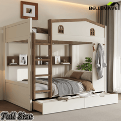 Bellemave® Queen Over Queen Bunk Bed with Trundle & Hooks, Wooden Floor Bunk Beds Frame with Storage Shelves & Ladder for Kids Teens, Black+Red - Bellemave