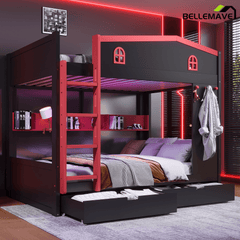 Bellemave® Queen Over Queen Bunk Bed with Trundle & Hooks, Wooden Floor Bunk Beds Frame with Storage Shelves & Ladder for Kids Teens, Black+Red - Bellemave