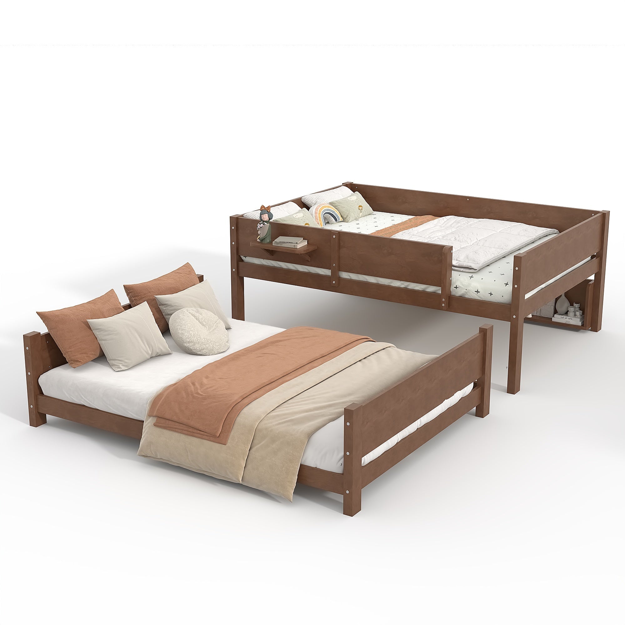 Bellemave® Queen over Queen Size Wooden Bunk Bed Frame with Convenient Tray & Built - in Storage Shelves - Bellemave