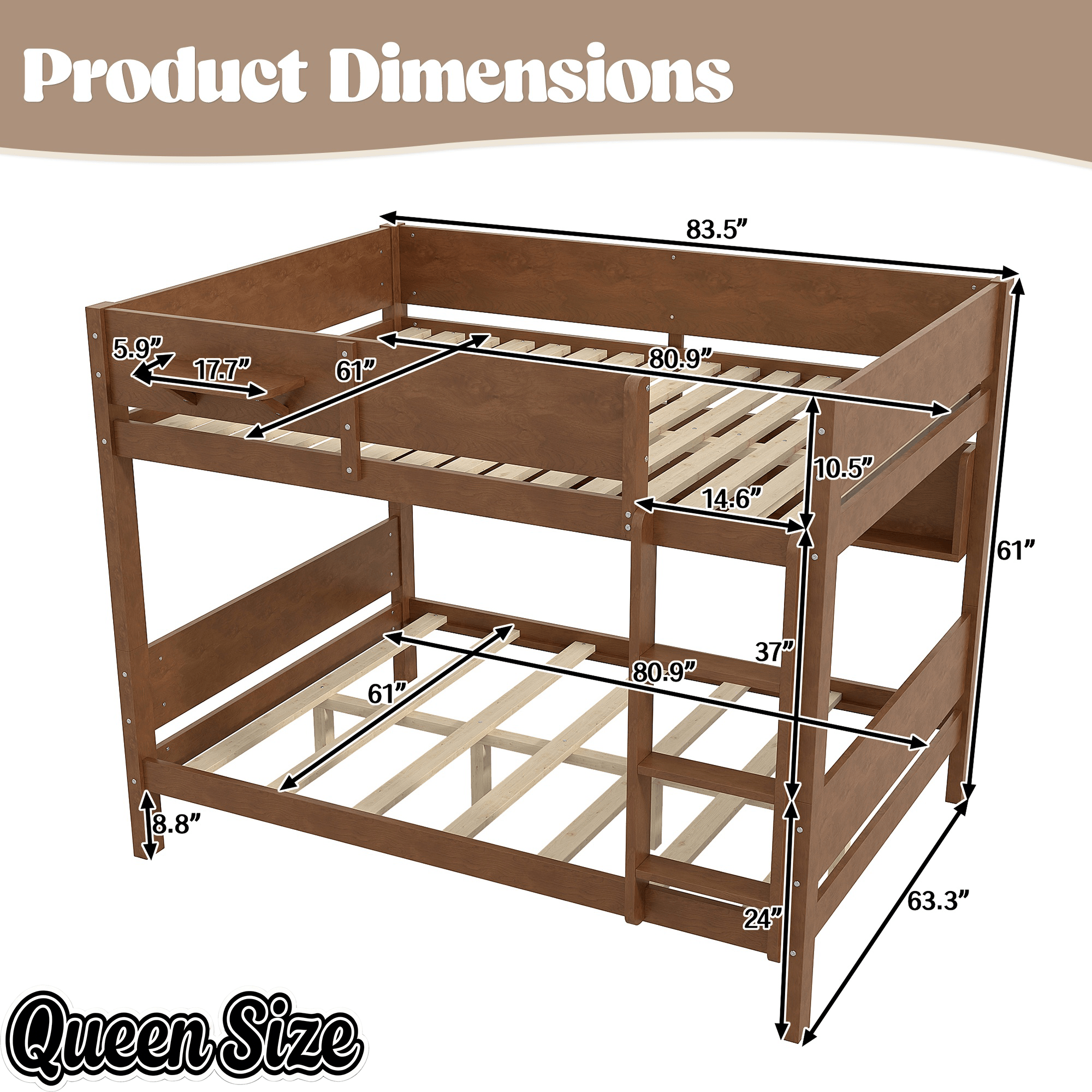 Bellemave® Queen over Queen Size Wooden Bunk Bed Frame with Convenient Tray & Built - in Storage Shelves - Bellemave