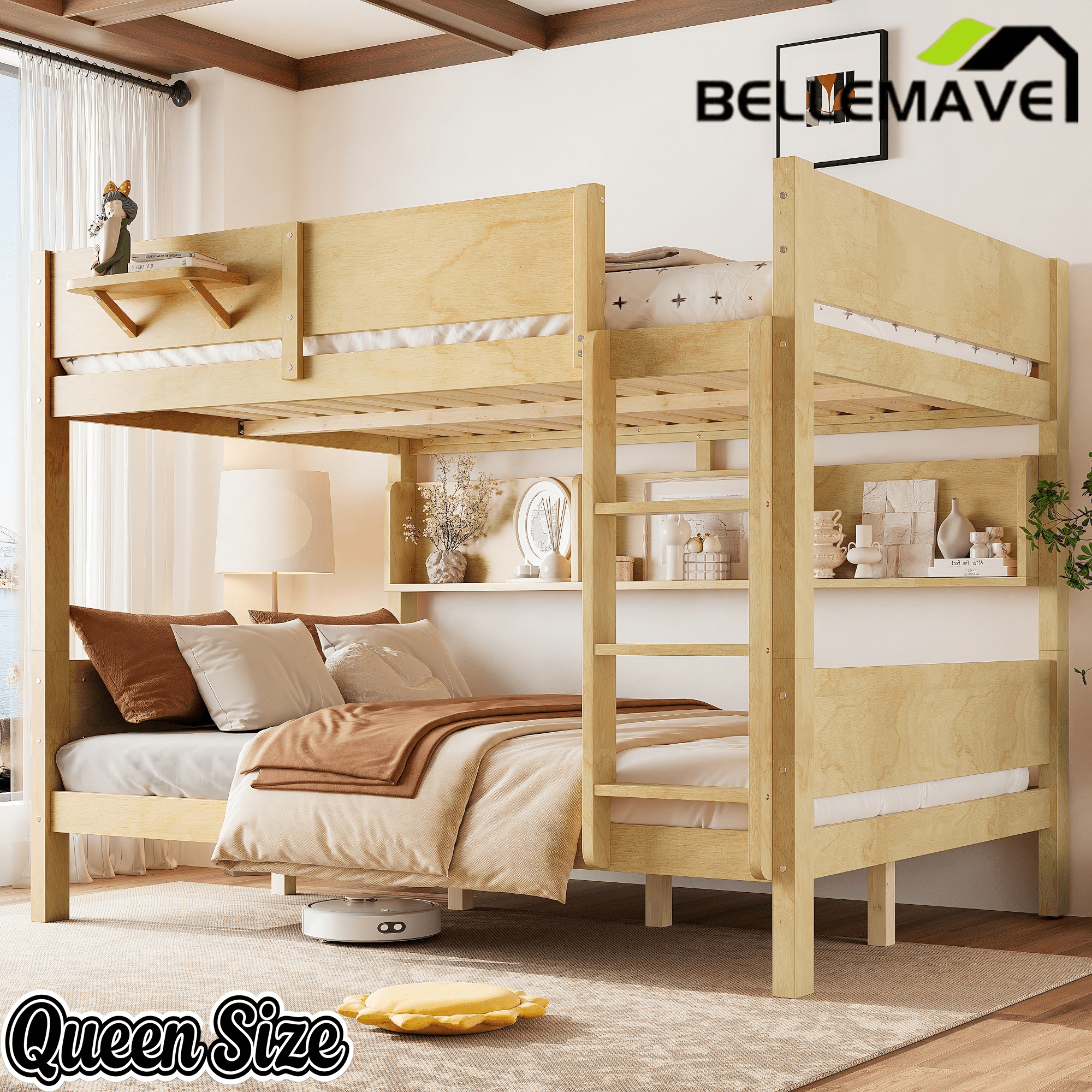 Bellemave® Queen over Queen Size Wooden Bunk Bed Frame with Convenient Tray & Built - in Storage Shelves - Bellemave