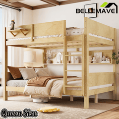 Bellemave® Queen over Queen Size Wooden Bunk Bed Frame with Convenient Tray & Built - in Storage Shelves - Bellemave