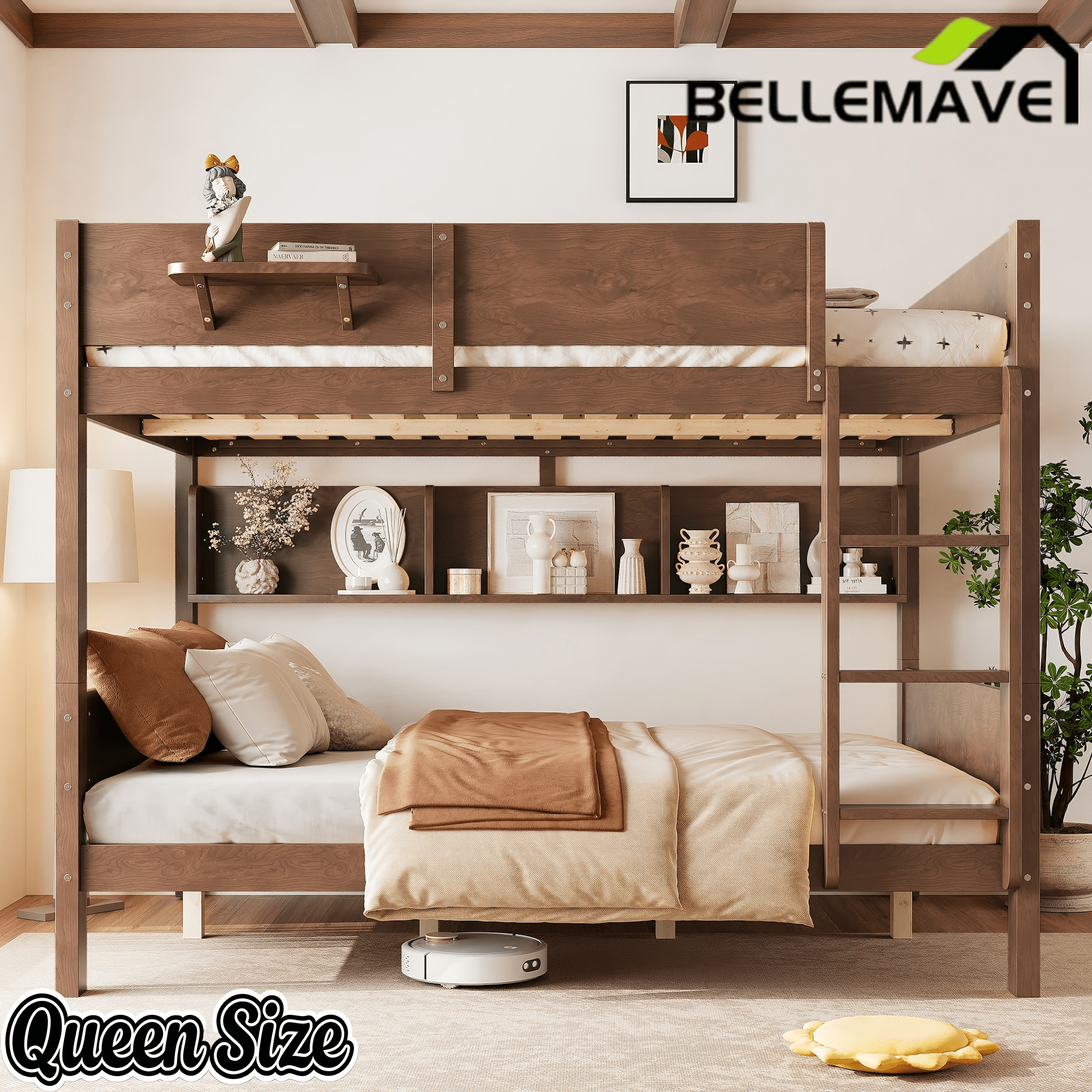Bellemave® Queen over Queen Size Wooden Bunk Bed Frame with Convenient Tray & Built - in Storage Shelves - Bellemave