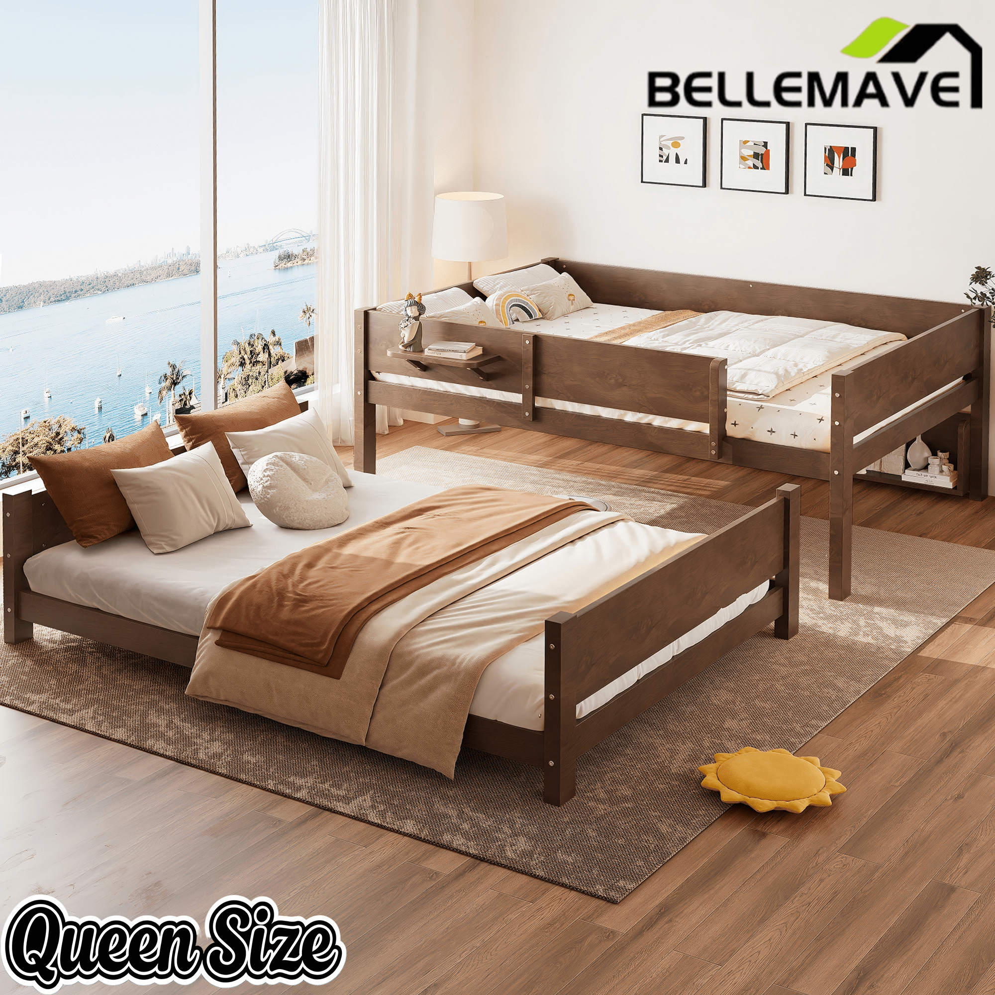 Bellemave® Queen over Queen Size Wooden Bunk Bed Frame with Convenient Tray & Built - in Storage Shelves - Bellemave
