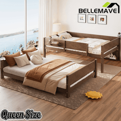 Bellemave® Queen over Queen Size Wooden Bunk Bed Frame with Convenient Tray & Built - in Storage Shelves - Bellemave