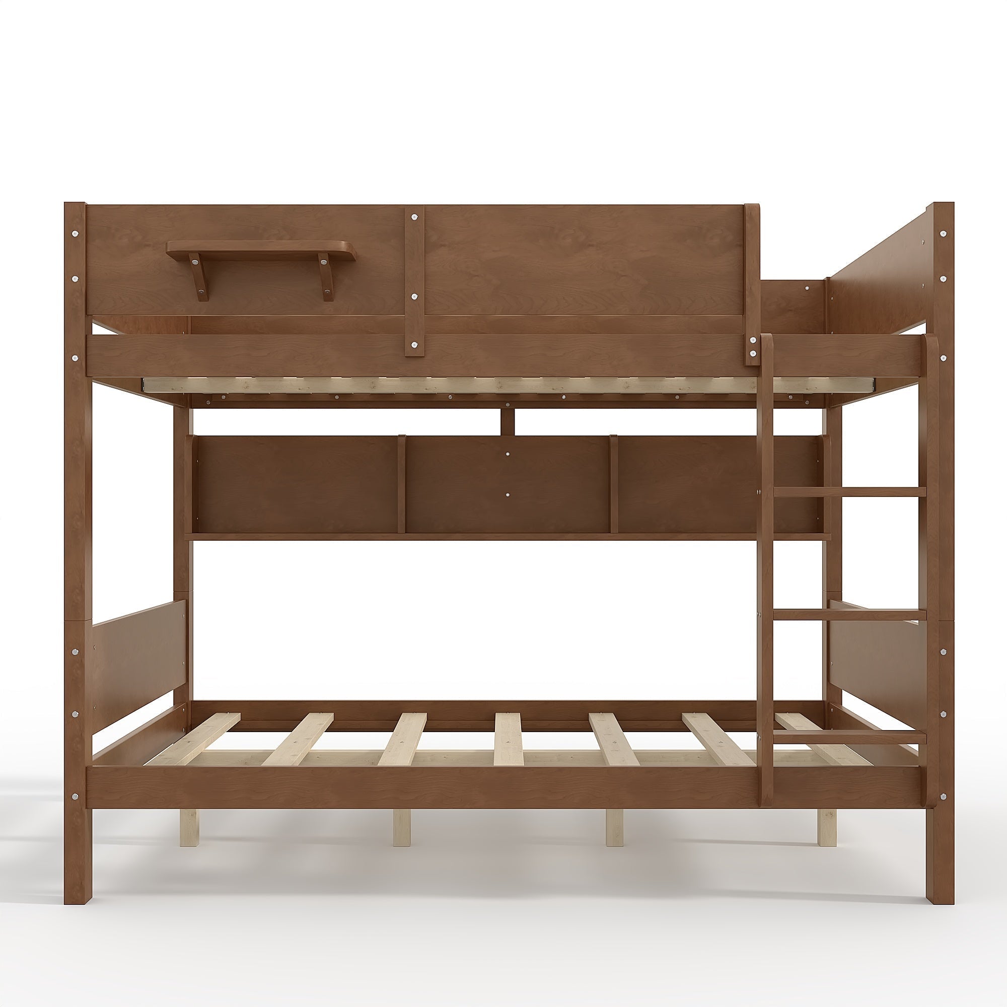 Bellemave® Queen over Queen Size Wooden Bunk Bed Frame with Convenient Tray & Built - in Storage Shelves - Bellemave