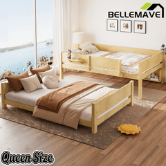 Bellemave® Queen over Queen Size Wooden Bunk Bed Frame with Convenient Tray & Built - in Storage Shelves - Bellemave