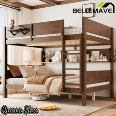 Bellemave® Queen over Queen Size Wooden Bunk Bed Frame with Convenient Tray & Built - in Storage Shelves - Bellemave