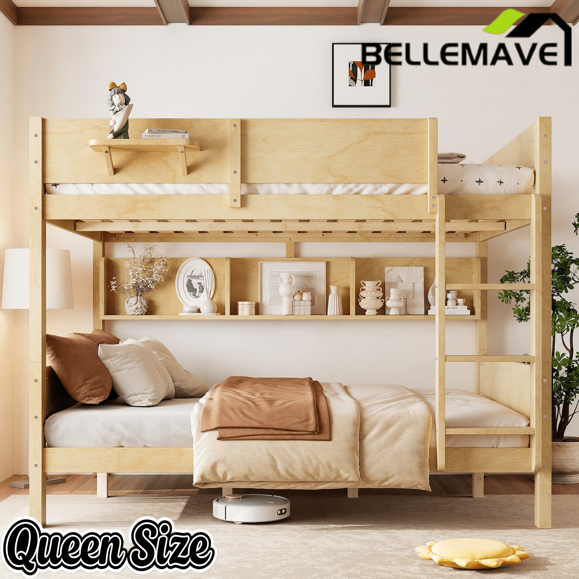 Bellemave® Queen over Queen Size Wooden Bunk Bed Frame with Convenient Tray & Built - in Storage Shelves - Bellemave
