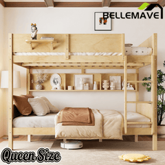 Bellemave® Queen over Queen Size Wooden Bunk Bed Frame with Convenient Tray & Built - in Storage Shelves - Bellemave