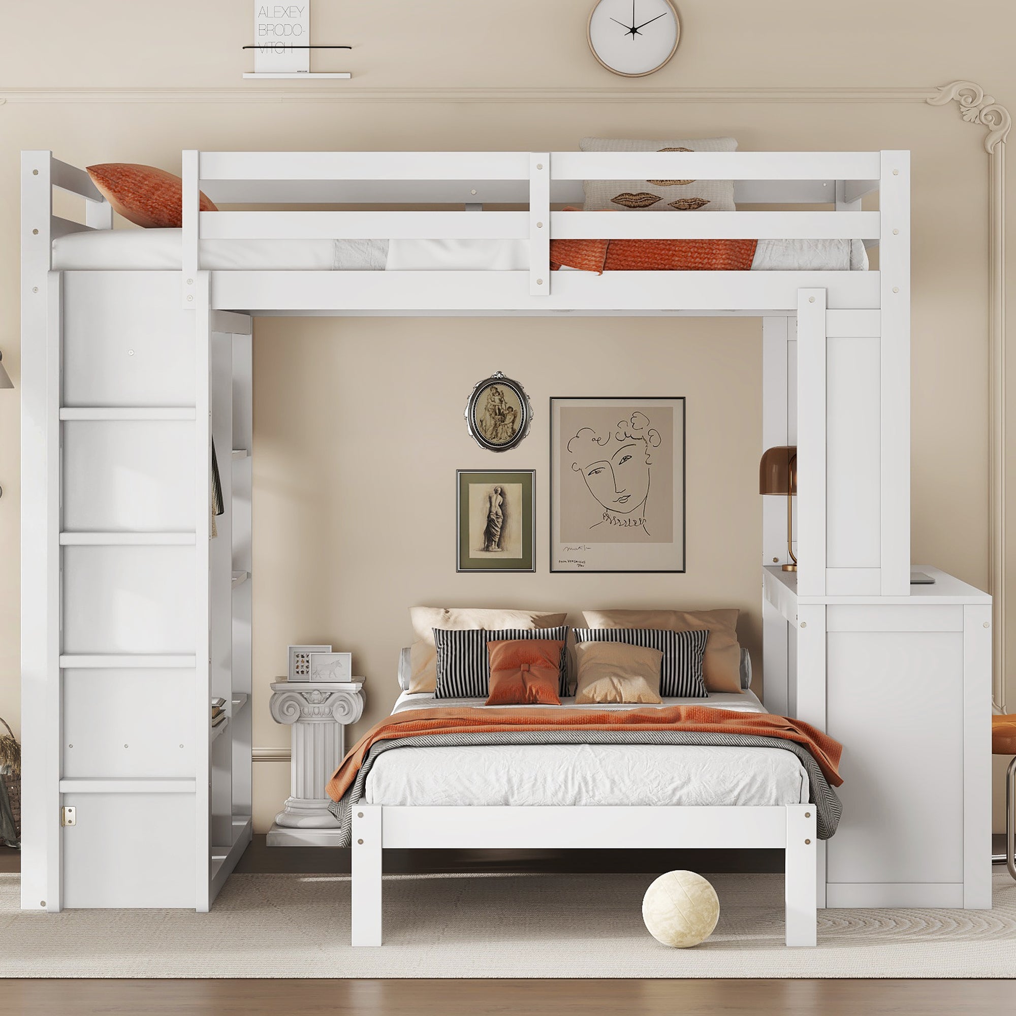 Bellemave® Queen over Twin Bunk Bed with Dismountable Lower Bed and Desk, Solid Wood Bunk Beds Frame with Built - in Shelves and Wardrobe, Can be Converted into Loft Bed, Natural - Bellemave