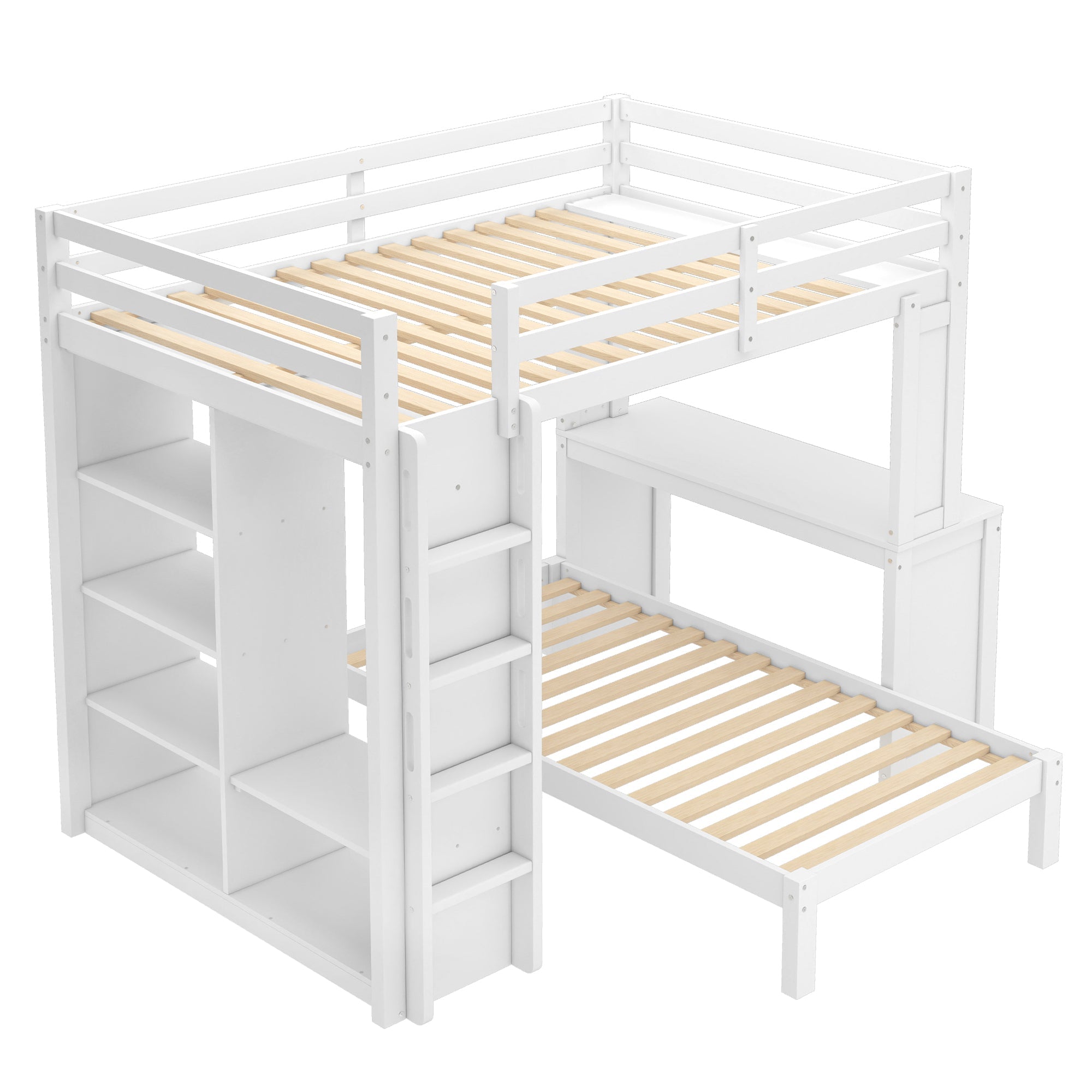 Bellemave® Queen over Twin Bunk Bed with Dismountable Lower Bed and Desk, Solid Wood Bunk Beds Frame with Built - in Shelves and Wardrobe, Can be Converted into Loft Bed, Natural - Bellemave