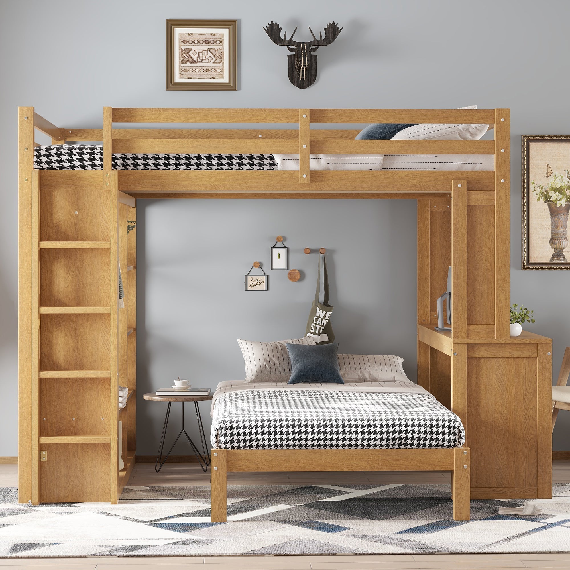 Bellemave® Queen over Twin Bunk Bed with Dismountable Lower Bed and Desk, Solid Wood Bunk Beds Frame with Built - in Shelves and Wardrobe, Can be Converted into Loft Bed, Natural - Bellemave
