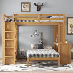 Bellemave® Queen over Twin Bunk Bed with Dismountable Lower Bed and Desk, Solid Wood Bunk Beds Frame with Built - in Shelves and Wardrobe, Can be Converted into Loft Bed, Natural - Bellemave