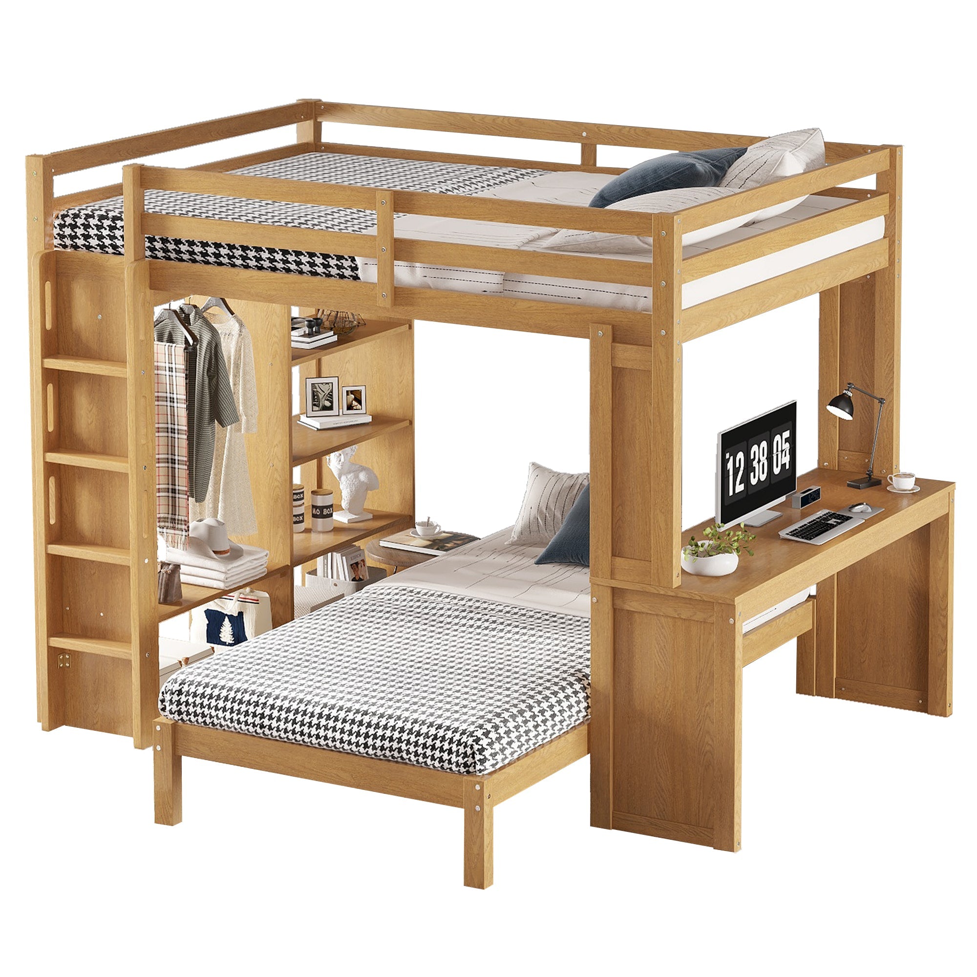 Bellemave® Queen over Twin Bunk Bed with Dismountable Lower Bed and Desk, Solid Wood Bunk Beds Frame with Built - in Shelves and Wardrobe, Can be Converted into Loft Bed, Natural - Bellemave