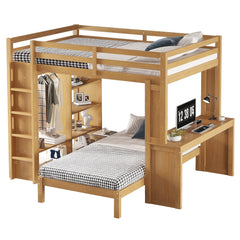 Bellemave® Queen over Twin Bunk Bed with Dismountable Lower Bed and Desk, Solid Wood Bunk Beds Frame with Built - in Shelves and Wardrobe, Can be Converted into Loft Bed, Natural - Bellemave