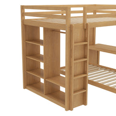Bellemave® Queen over Twin Bunk Bed with Dismountable Lower Bed and Desk, Solid Wood Bunk Beds Frame with Built - in Shelves and Wardrobe, Can be Converted into Loft Bed, Natural - Bellemave