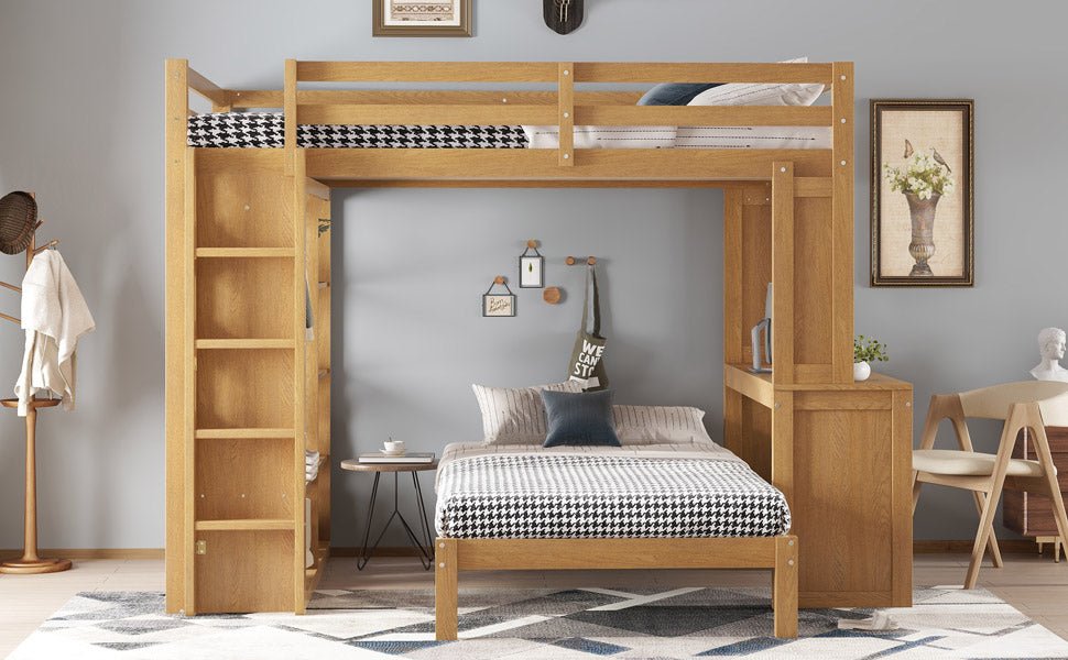 Bellemave® Queen over Twin Bunk Bed with Dismountable Lower Bed and Desk, Solid Wood Bunk Beds Frame with Built - in Shelves and Wardrobe, Can be Converted into Loft Bed, Natural - Bellemave