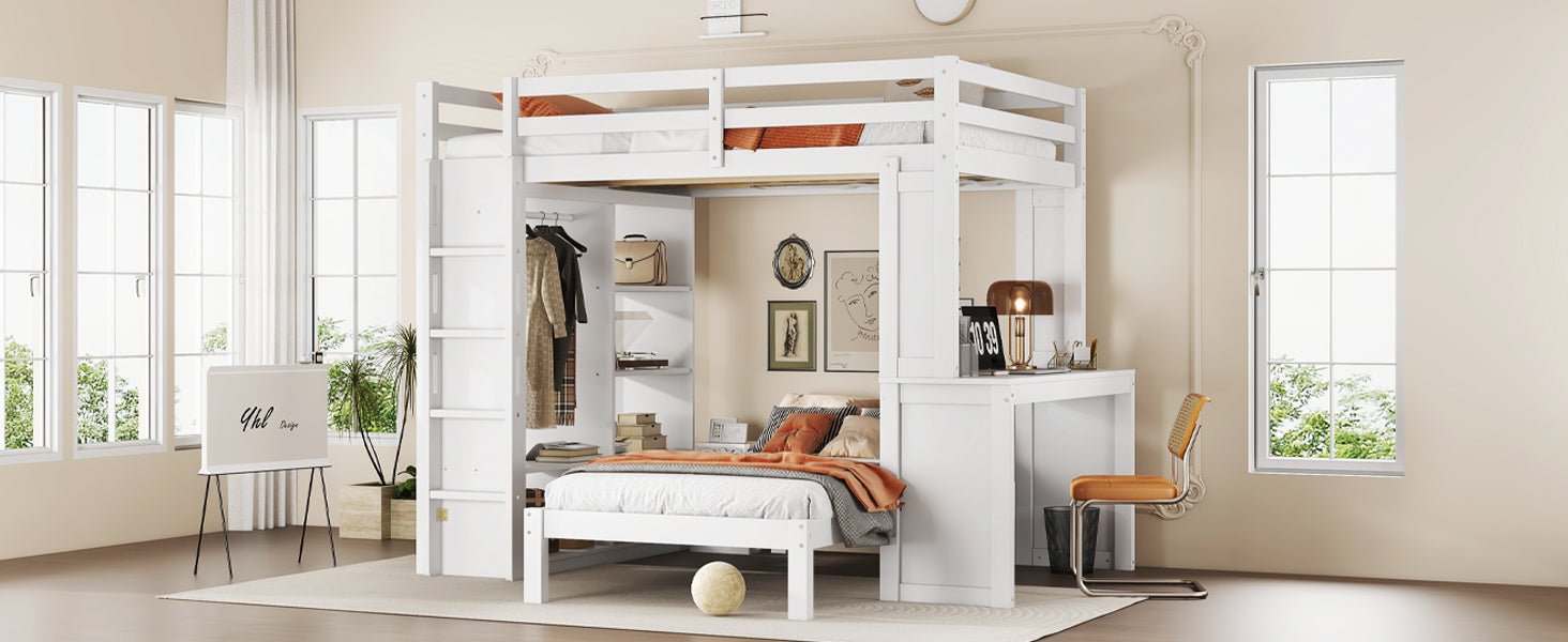 Bellemave® Queen over Twin Bunk Bed with Dismountable Lower Bed and Desk, Solid Wood Bunk Beds Frame with Built - in Shelves and Wardrobe, Can be Converted into Loft Bed, Natural - Bellemave