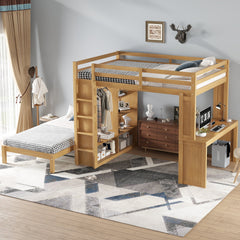 Bellemave® Queen over Twin Bunk Bed with Dismountable Lower Bed and Desk, Solid Wood Bunk Beds Frame with Built - in Shelves and Wardrobe, Can be Converted into Loft Bed, Natural - Bellemave