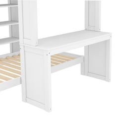 Bellemave® Queen over Twin Bunk Bed with Dismountable Lower Bed and Desk, Solid Wood Bunk Beds Frame with Built - in Shelves and Wardrobe, Can be Converted into Loft Bed, Natural - Bellemave