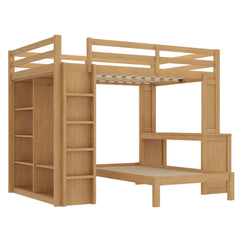 Bellemave® Queen over Twin Bunk Bed with Dismountable Lower Bed and Desk, Solid Wood Bunk Beds Frame with Built - in Shelves and Wardrobe, Can be Converted into Loft Bed, Natural - Bellemave