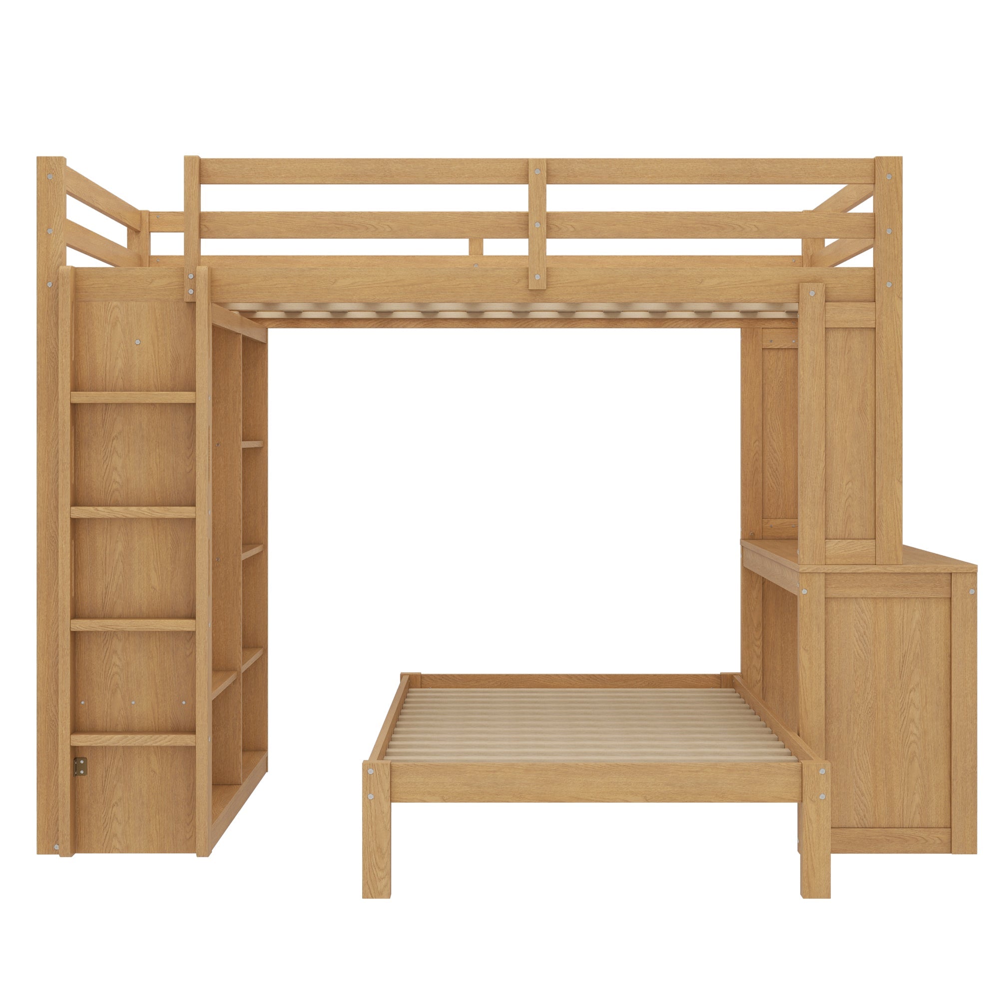 Bellemave® Queen over Twin Bunk Bed with Dismountable Lower Bed and Desk, Solid Wood Bunk Beds Frame with Built - in Shelves and Wardrobe, Can be Converted into Loft Bed, Natural - Bellemave