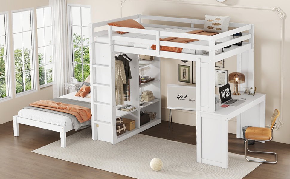 Bellemave® Queen over Twin Bunk Bed with Dismountable Lower Bed and Desk, Solid Wood Bunk Beds Frame with Built - in Shelves and Wardrobe, Can be Converted into Loft Bed, Natural - Bellemave
