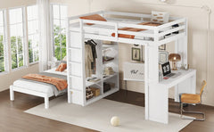 Bellemave® Queen over Twin Bunk Bed with Dismountable Lower Bed and Desk, Solid Wood Bunk Beds Frame with Built - in Shelves and Wardrobe, Can be Converted into Loft Bed, Natural - Bellemave