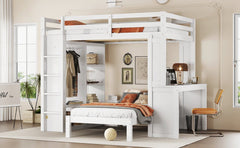 Bellemave® Queen over Twin Bunk Bed with Dismountable Lower Bed and Desk, Solid Wood Bunk Beds Frame with Built - in Shelves and Wardrobe, Can be Converted into Loft Bed, Natural - Bellemave