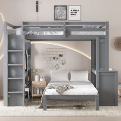 Bellemave® Queen over Twin Bunk Bed with Dismountable Lower Bed and Desk, Solid Wood Bunk Beds Frame with Built - in Shelves and Wardrobe, Can be Converted into Loft Bed, Natural - Bellemave
