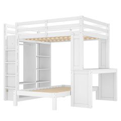 Bellemave® Queen over Twin Bunk Bed with Dismountable Lower Bed and Desk, Solid Wood Bunk Beds Frame with Built - in Shelves and Wardrobe, Can be Converted into Loft Bed, Natural - Bellemave