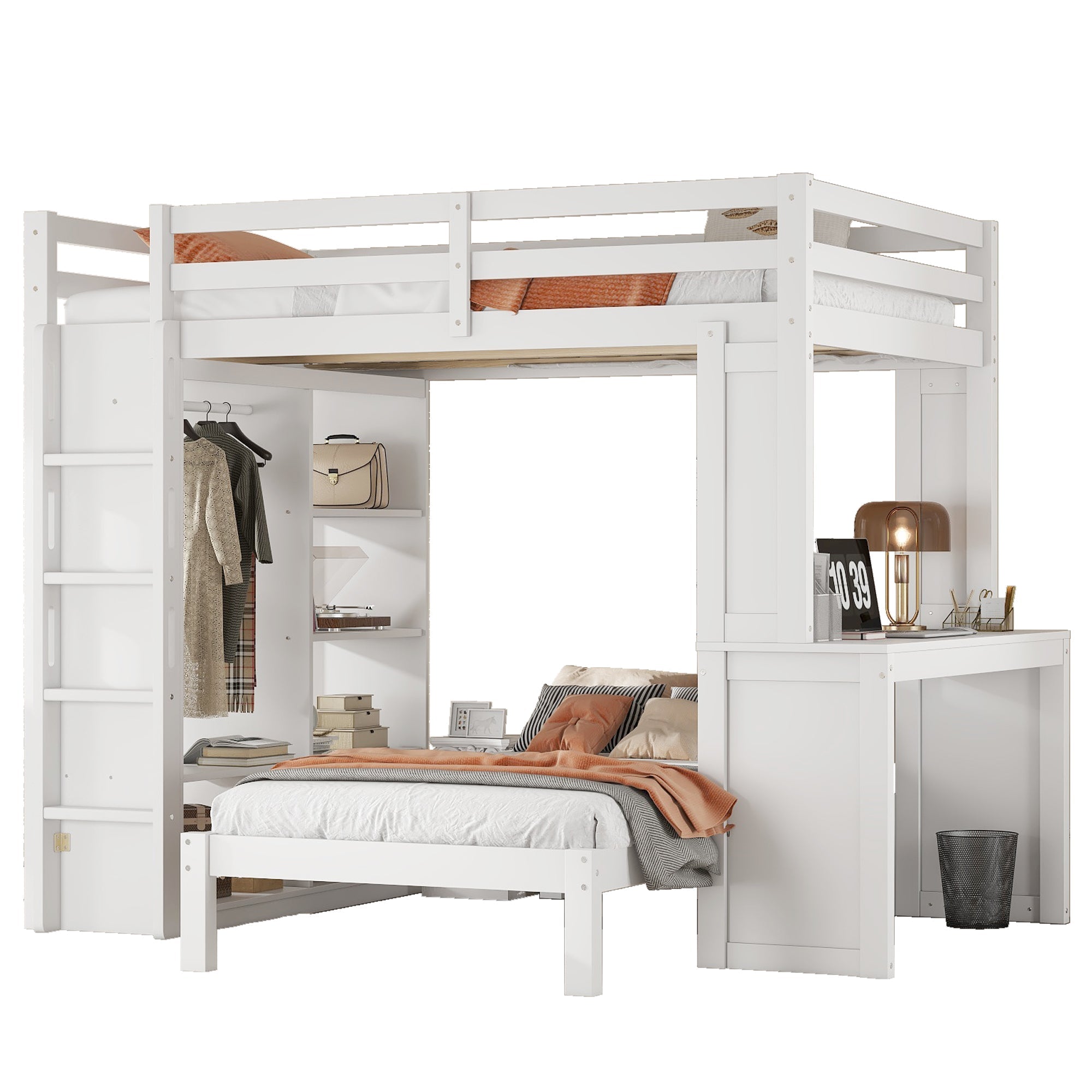 Bellemave® Queen over Twin Bunk Bed with Dismountable Lower Bed and Desk, Solid Wood Bunk Beds Frame with Built - in Shelves and Wardrobe, Can be Converted into Loft Bed, Natural - Bellemave